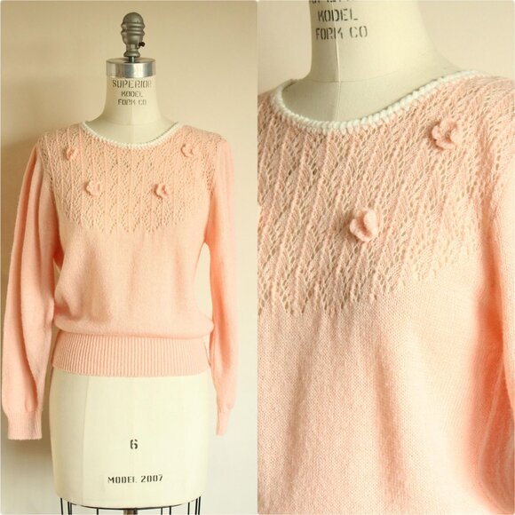 Vintage 1980s Sweater, Rt Mind Pink Pointelle Knit Pullover, Bishop Sleeve - Picture 1 of 10